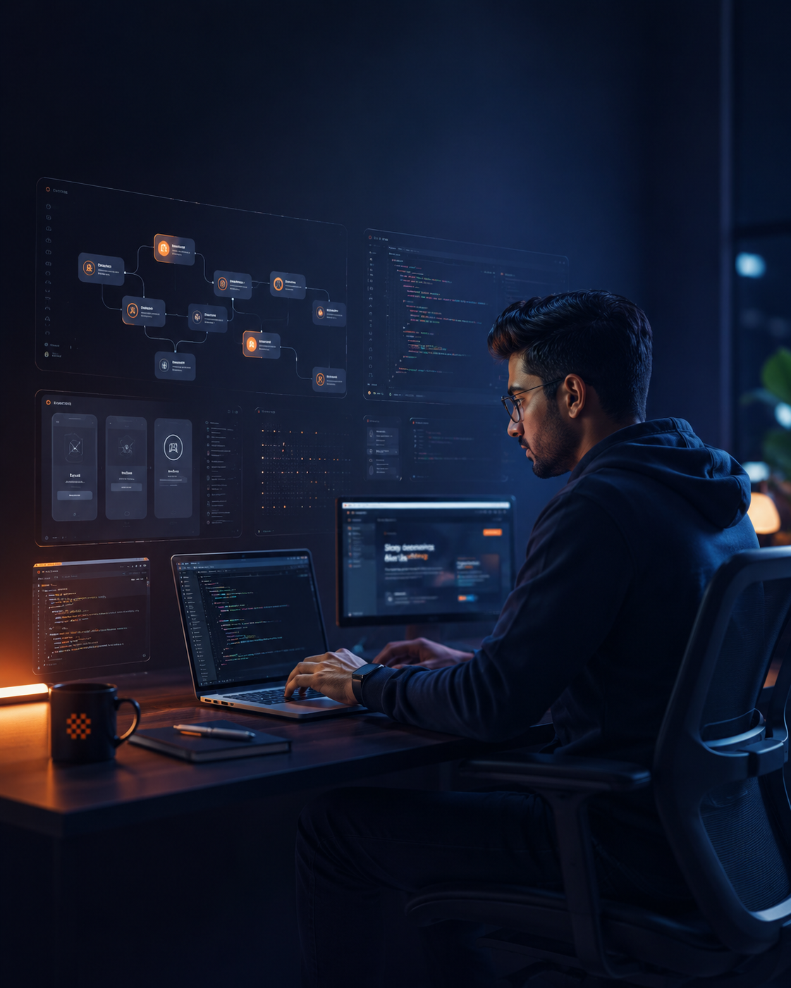 A developer working at multiple monitors building AI workflows — what an ONROL learner becomes.